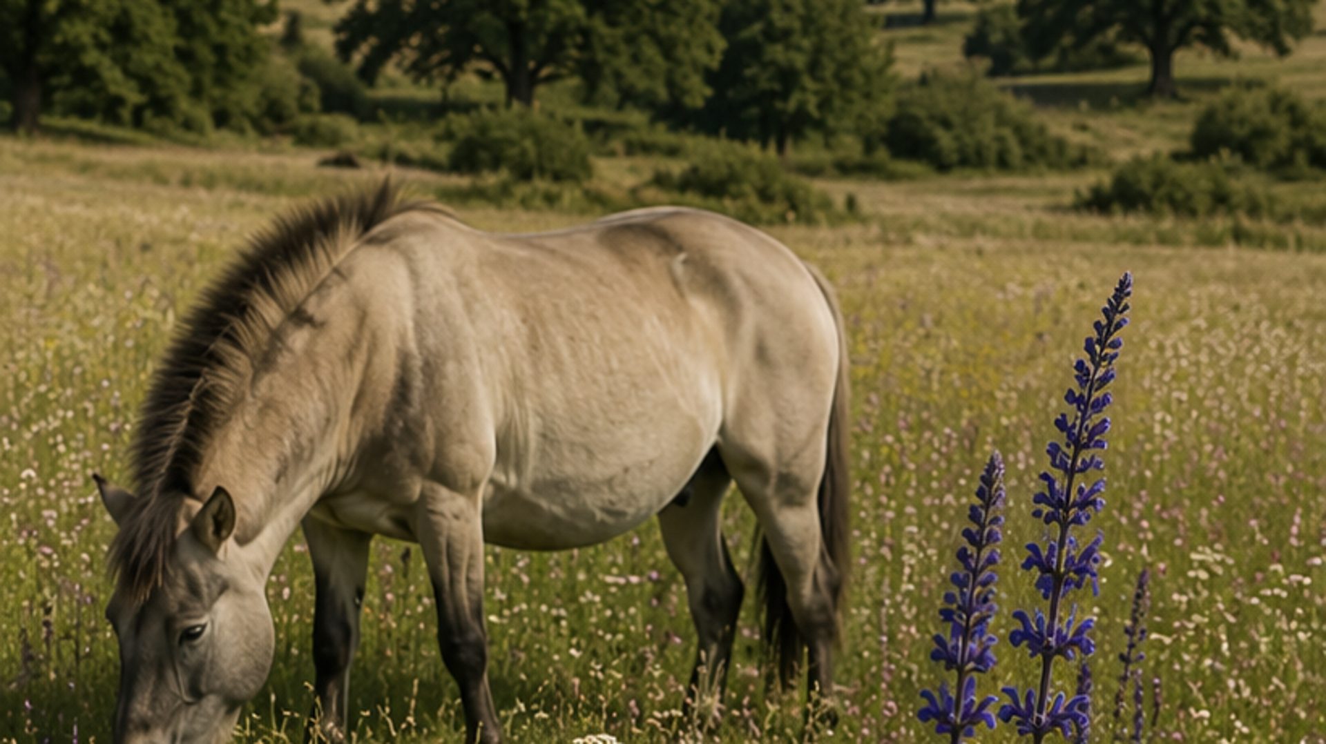 Konik-Pferde grasen in einer artenreichen Blumenwiese mit Lupinen und Wildblumen