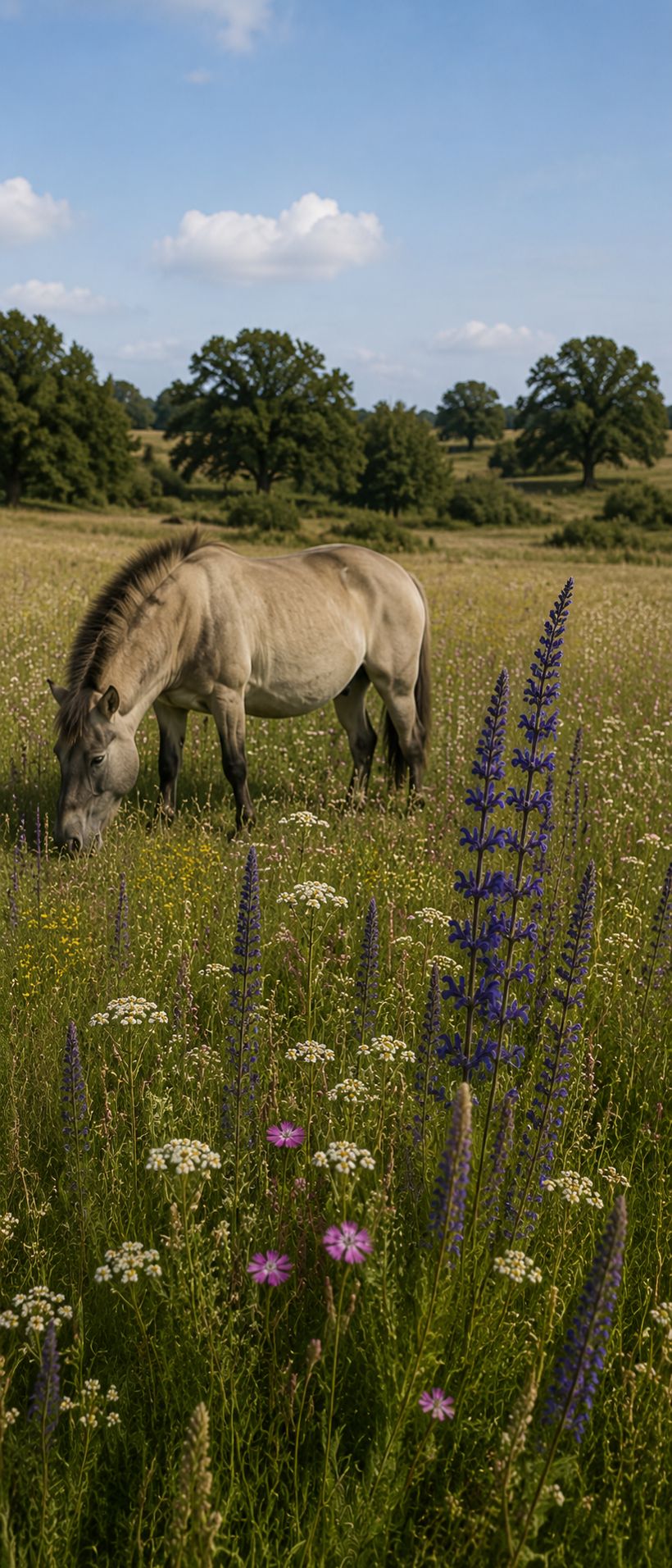 Konik-Pferd weidet zwischen blühenden Wiesenblumen